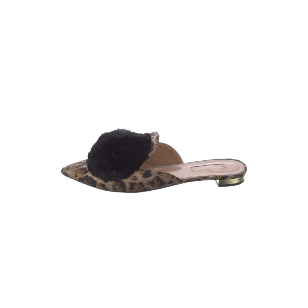 Aquazzura Mules Pointed Toe Slip-On Flat Gold Size 7.5 Women Powder Puff Pom Pom - Picture 2 of 12